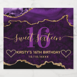 Purple & Gold Glitter Agate Marble Sweet Sixteen Sparkling Wine Label