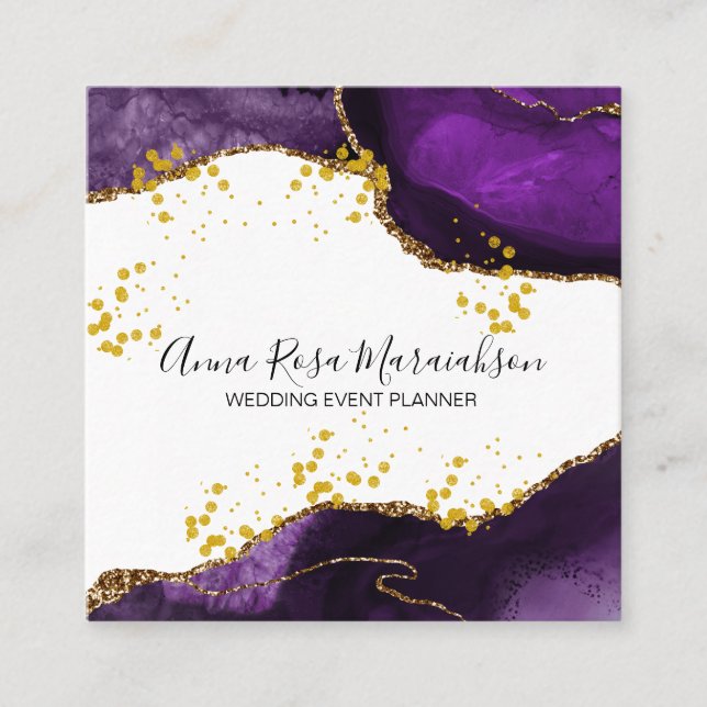 *~* Purple Gold Glitter Agate Modern Elegant Square Business Card (Front)