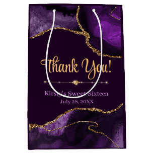 Purple & Gold Glitter Agate Sweet 16 Thank You  Medium Gift Bag