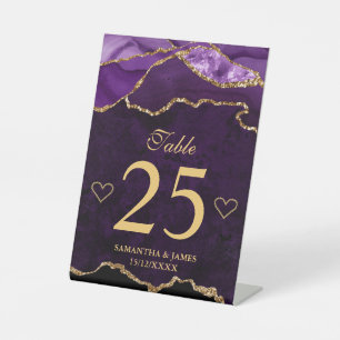 Purple Gold Glitter Agate Wedding Table Number Pedestal Sign