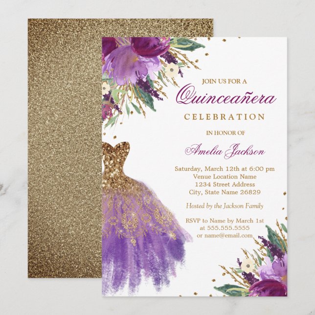 Purple Gold Glitter Amethyst Dress Quinceanera Invitation (Front/Back)
