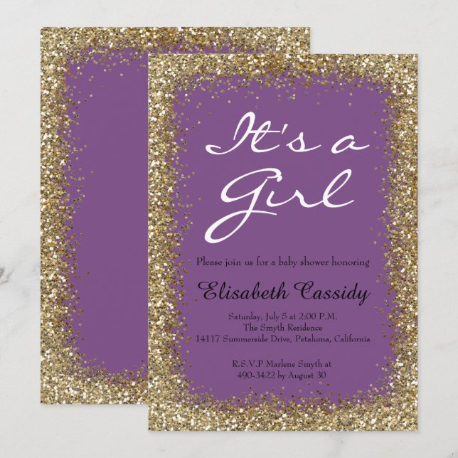 Purple & Gold Glitter  Baby Girl Shower Invitation (Front/Back)