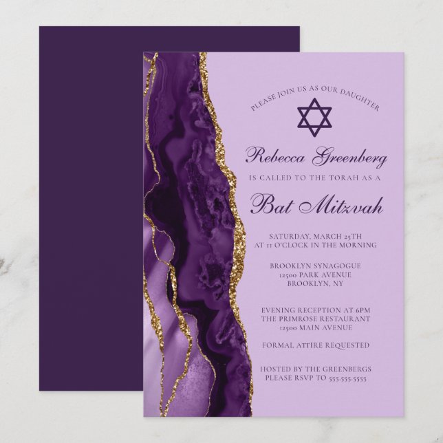 Purple Gold Glitter Bat Mitzvah Party Invitation (Front/Back)