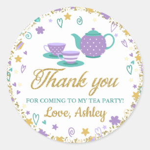 Purple Gold Glitter Birthday Tea Party Thank You Classic Round Sticker