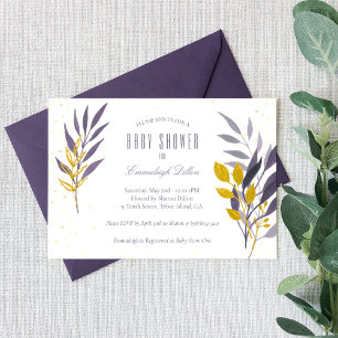 Purple Gold Glitter Botanical Baby Shower Invitati Invitation