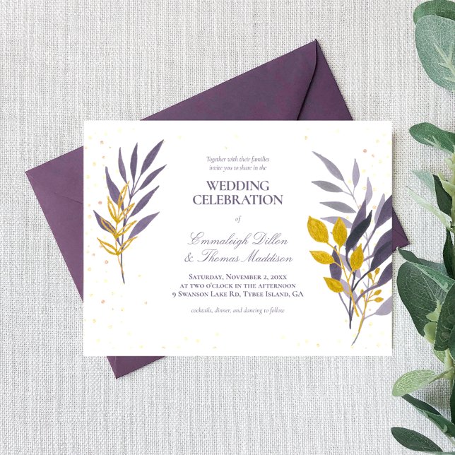 Purple Gold Glitter Botanical Wedding Invitation (Creator Uploaded)