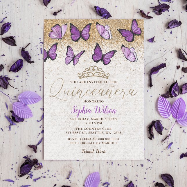 Purple Gold Glitter Butterfly Quinceañera  Invitation (Purple Gold Glitter Butterfly Quinceañera Invitation )