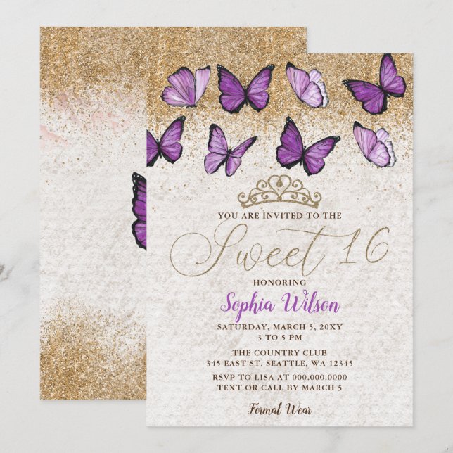 Purple Gold Glitter Butterfly Sweet 16  Invitation (Front/Back)