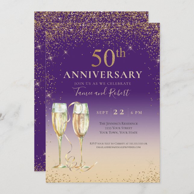 Purple Gold Glitter Champagne 50th Anniversary Invitation (Front/Back)