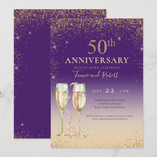 Purple Gold Glitter Champagne 50th Anniversary Invitation