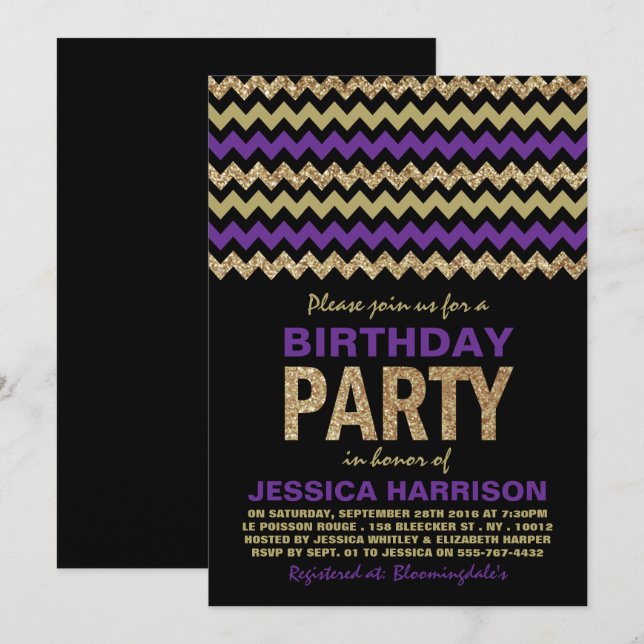 Purple & Gold Glitter Chevron Birthday Party Invitation (Front/Back)