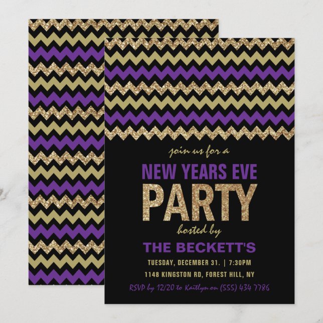 Purple & Gold Glitter Chevron New Years Party Invitation (Front/Back)