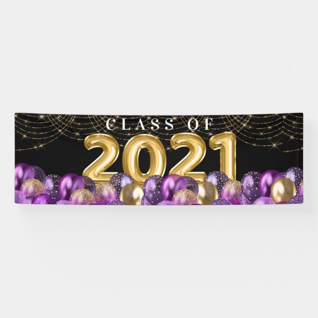 Purple Gold Glitter Class of 2021 Graduation Banner (Horizontal)