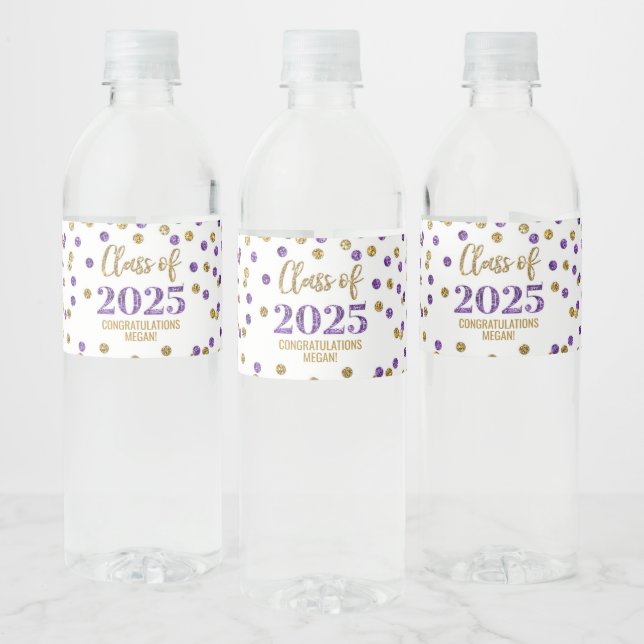 Purple Gold Glitter Class of 2025 Graduation Water Bottle Label (Bottles)