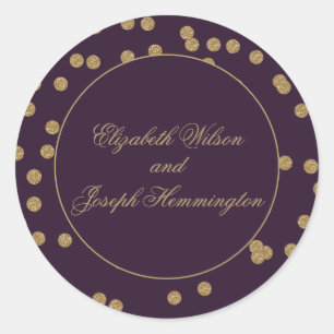 Purple Gold Glitter Confetti Elegant Wedding Classic Round Sticker