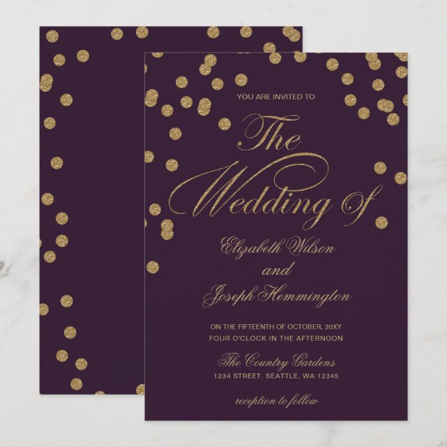 Purple Gold Glitter Confetti Elegant Wedding Invitation (Front/Back)