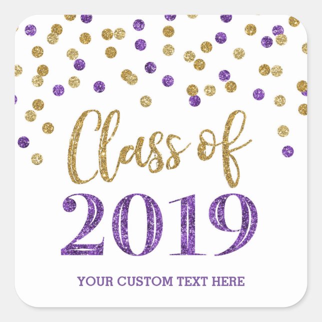 Purple Gold Glitter Confetti Graduation 2019 Square Sticker (Front)