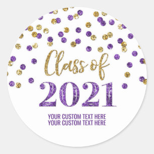 Purple Gold Glitter Confetti Graduation 2021 Classic Round Sticker