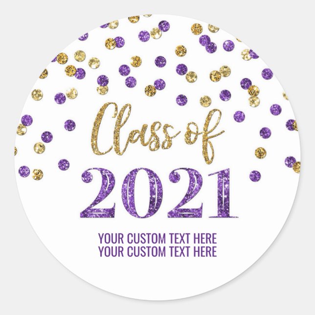 Purple Gold Glitter Confetti Graduation 2021 Classic Round Sticker (Front)