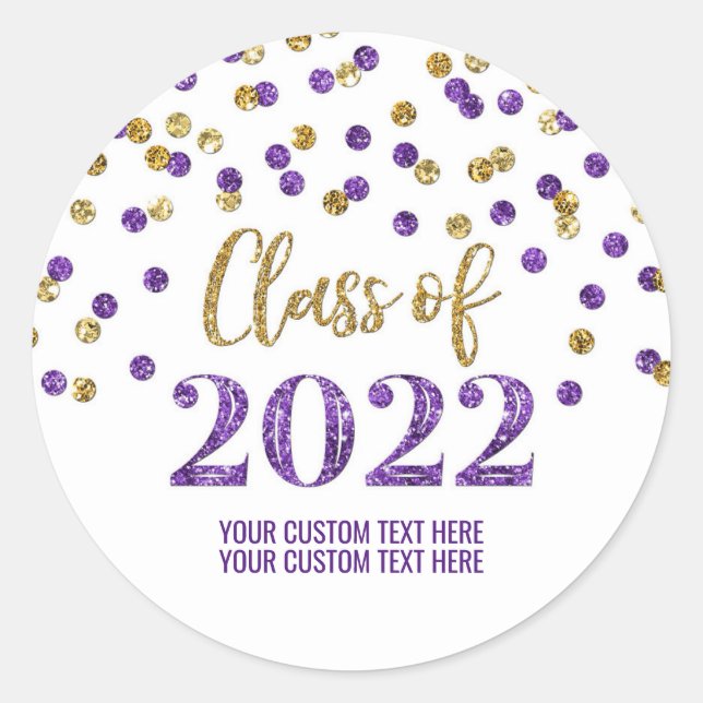 Purple Gold Glitter Confetti Graduation 2022 Classic Round Sticker (Front)