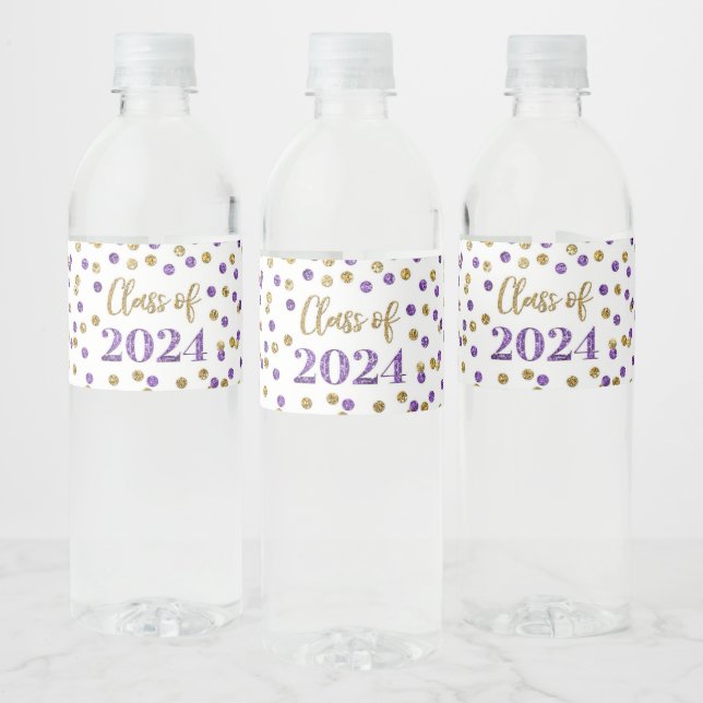 Purple Gold Glitter Confetti Graduation Water Bottle Label (Bottles)