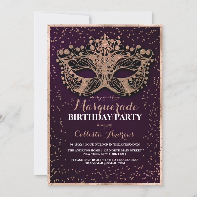 Purple Gold Glitter Confetti Masquerade Birthday Invitation (Front)