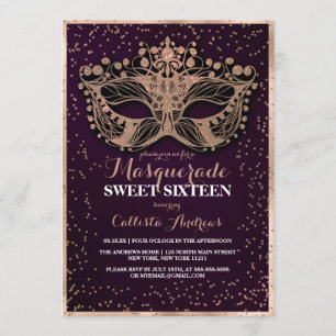 Purple Gold Glitter Confetti Masquerade Sweet 16 Invitation