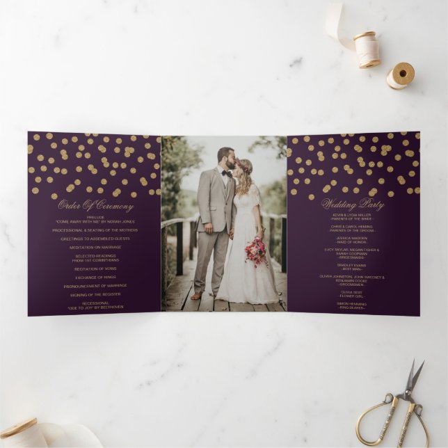 Purple Gold Glitter Confetti Photo Wedding Tri-Fold Programme (Inside)