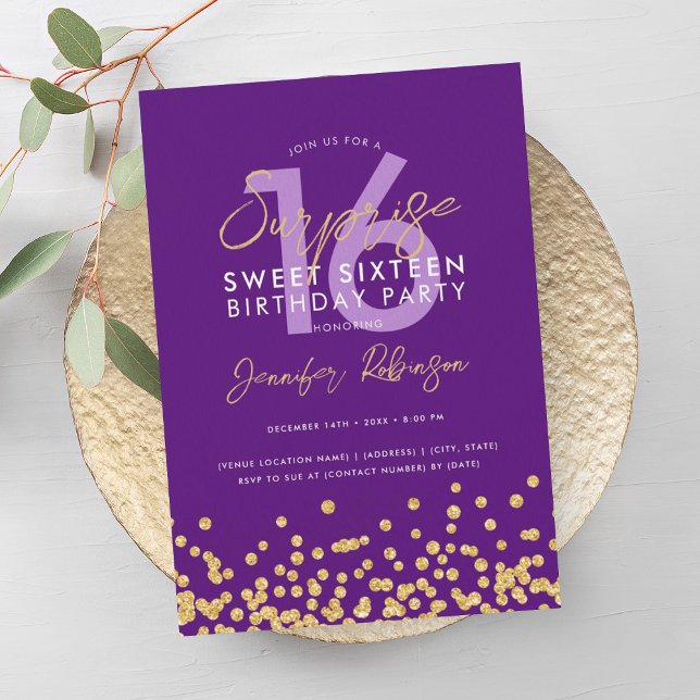 Purple Gold Glitter Confetti Surprise Sweet 16  Invitation (Purple Gold Glitter Confetti Surprise Sweet 16 Invitation)
