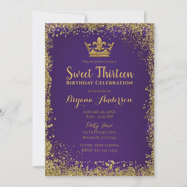 Purple & Gold Glitter Crown Sweet 13 Party  Invitation (Front)
