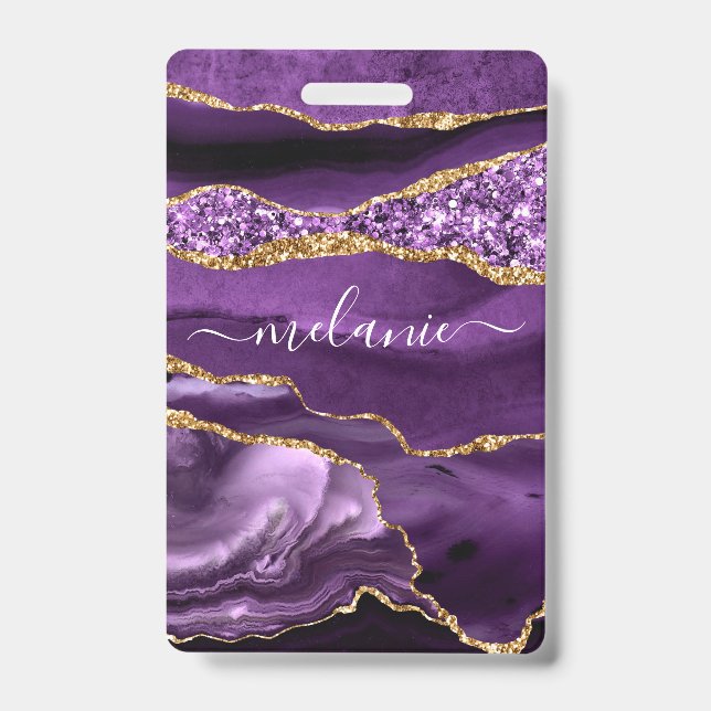 Purple Gold Glitter Custom Name Badge ID Badge (Front)