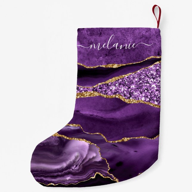 Purple Gold Glitter Custom Name Christmas Stocking (Back)