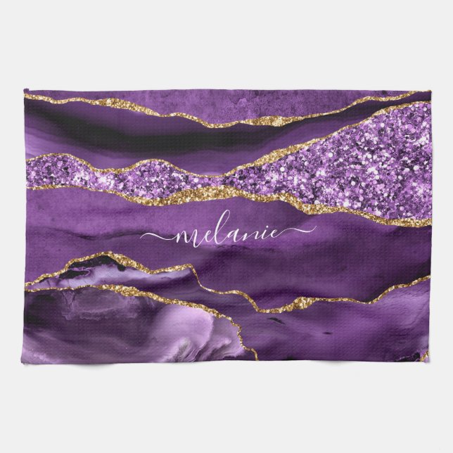 Purple Gold Glitter Custom Name Kitchen Towel (Horizontal)