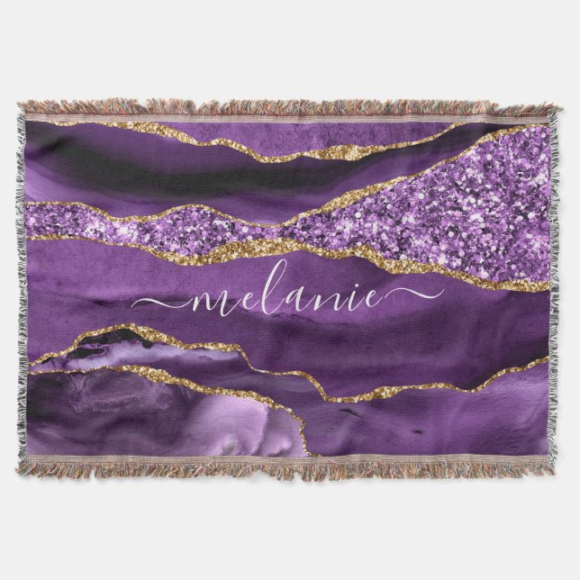 Purple Gold Glitter Custom Name Throw Blanket (Front)