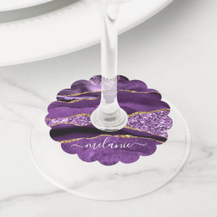 Purple Gold Glitter Custom Name Wine Glass Tag