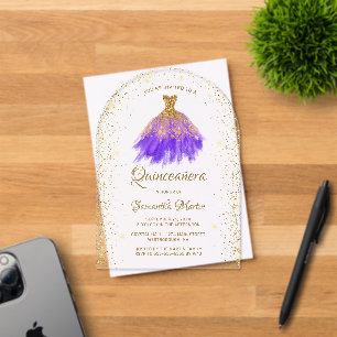 Purple Gold Glitter Dress Quinceañera Party Acrylic Invitations
