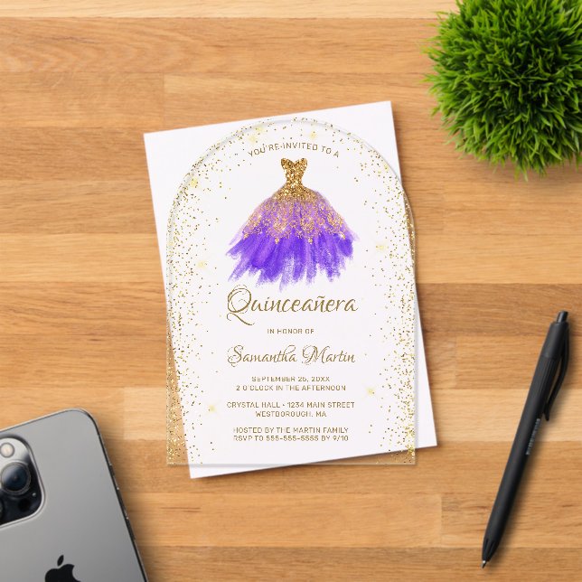Purple Gold Glitter Dress Quinceañera Party Acrylic Invitations (Insitu (Invitation Card))