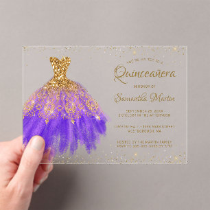 Purple Gold Glitter Dress Script Quinceañera Party Acrylic Invitations