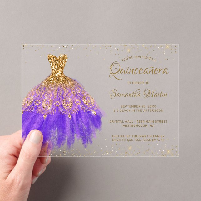 Purple Gold Glitter Dress Script Quinceañera Party Acrylic Invitations (Insitu (Handheld))