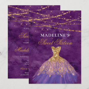 Purple/Gold Glitter Dress Sweet 16 Invitation