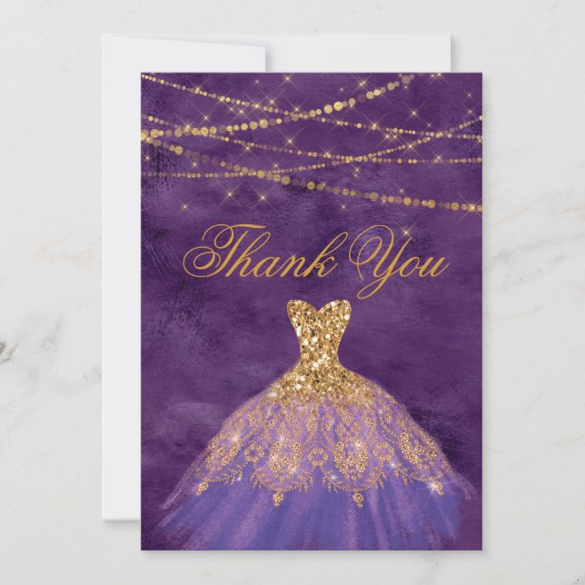 Purple/Gold Glitter Dress Sweet Sixteen Thank You  (Front)