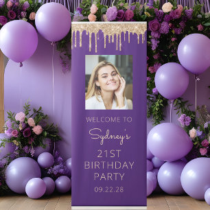 Purple Gold Glitter Drip Photo 21st Birthday Retractable Banner