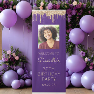 Purple Gold Glitter Drip Photo 30th Birthday Retractable Banner