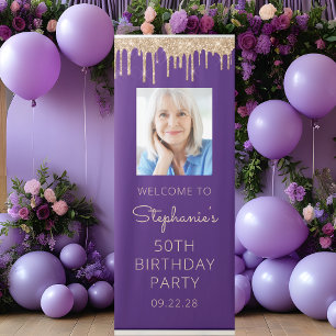 Purple Gold Glitter Drip Photo 50th Birthday Retractable Banner