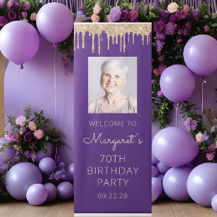 Purple Gold Glitter Drip Photo 70th Birthday Retractable Banner