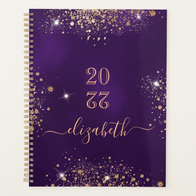 Purple gold glitter dust monogram script planner (Front)