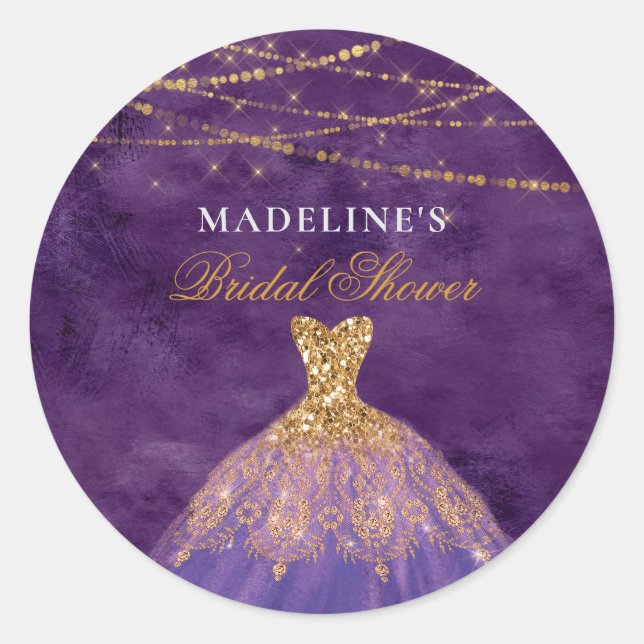 Purple & Gold Glitter Elegant Bridal Shower Classic Round Sticker (Front)