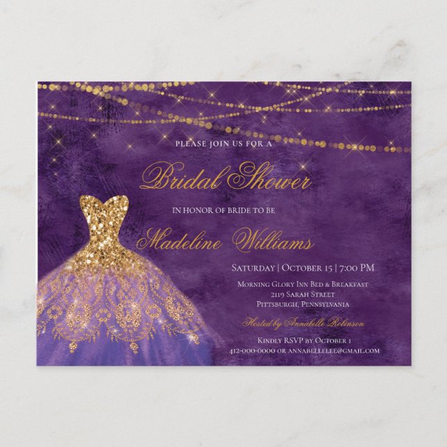 Purple & Gold Glitter Elegant Bridal Shower Invitation Postcard (Front)
