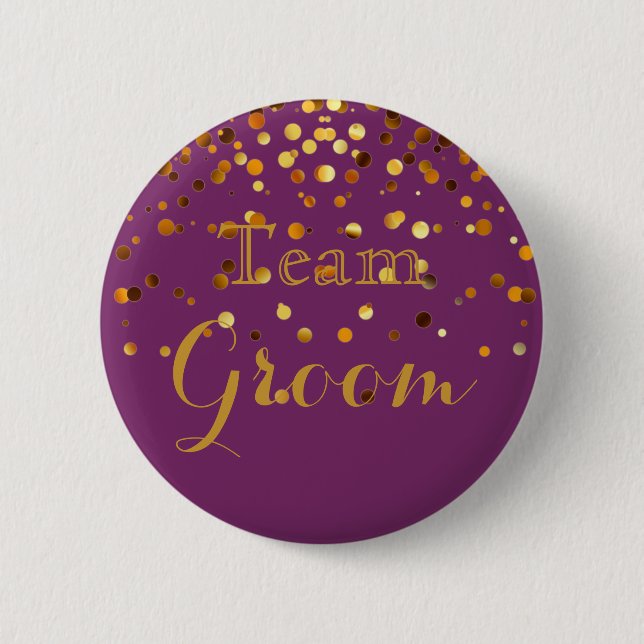 Purple Gold Glitter Faux Foil Wedding Team Groom 6 Cm Round Badge (Front)