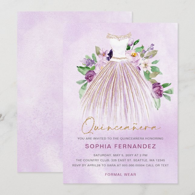 Purple gold glitter Floral Dress Quinceañera Invitation (Front/Back)